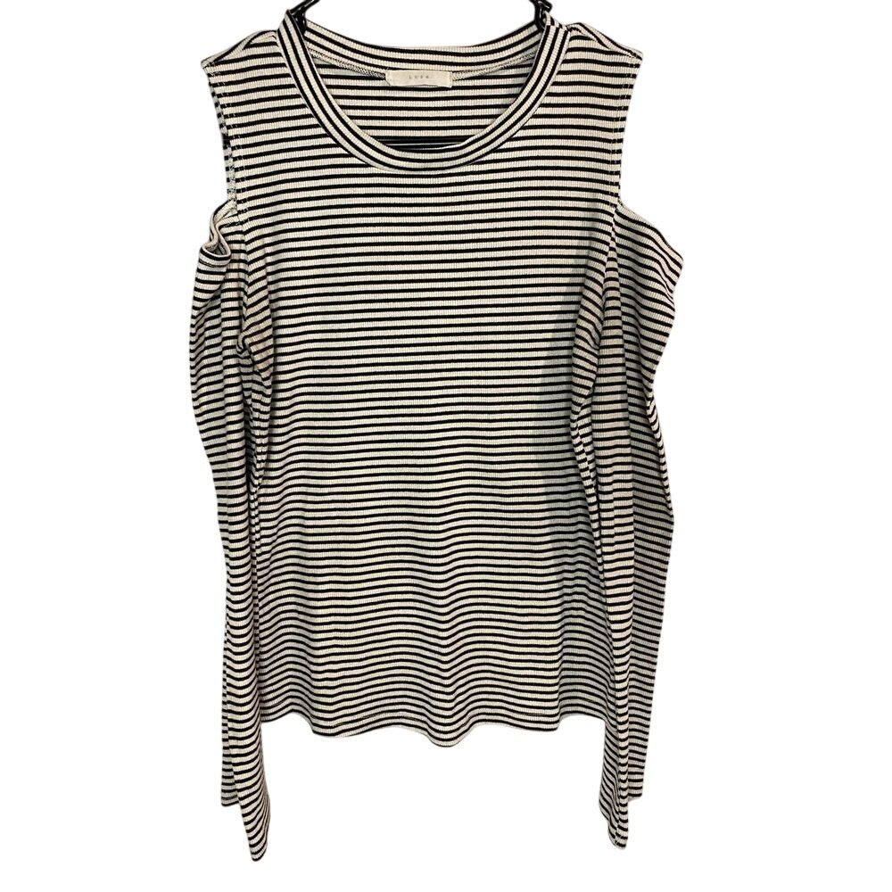 Lush Cold Shoulder Black and White Striped‎ Top Size Medium Business Casual Boho